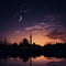 Silhouette of mosques, dome, crescent moon on twilight sky background