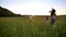 Silhouette of mother with children are running in field in summer, family concept