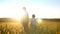 Silhouette of mother with children are walking on sun in field in summer, family concept