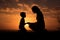 Silhouette of mother and little boy sitting on ground at sunset. Generative AI