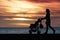 Silhouette mother pulling baby stroller