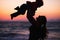 Silhouette of mother throwing baby up on sunset