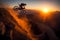 Silhouette of motorbike rider doing stunt on rocky mountain as jump cross slope of mountain with sunset backlit