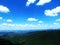 Silhouette of mountains in Bulgaria in summer and many white clouds in the blue sky. Mountainous view.