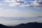 Silhouette of mountains in fog at early morning