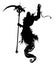 The silhouette of a muscular Ghost in a hood, with a huge scythe in his right hand, hovers in the air, raising his left hand up .