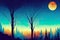 Silhouette mystical magic forest landscape in the moonlight