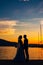 Silhouette of a newlywed couple on the background of the setting sun