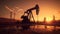 Silhouette of oil pump, industrial equipment at sunset, power industry machines for producing petroleum gas. Generative Ai