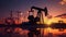 Silhouette of oil pump, industrial equipment at sunset, power industry machines for producing petroleum gas. Generative Ai