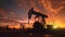 Silhouette of oil pump, industrial equipment at sunset, power industry machines for producing petroleum gas. Generative Ai