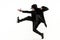 The silhouette of one hip hop male break dancer dancing on white background