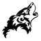 The silhouette, outline of the face of the wolf in black over a white background is drawn by lines of various widths. Logo animal