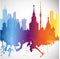 Silhouette overlay city Moscow with splashes of watercolor drops streaks landmarks