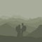 Silhouette of a pair of climbers standing from the top of a hill against the backdrop of mountains. romantic concept