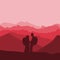 Silhouette of a pair of climbers standing from the top of a hill against the backdrop of mountains. romantic concept