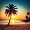 Silhouette palm tree with sun sand and beach retro tone color Summer vacation