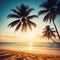 Silhouette palm tree with sun sand and beach retro tone color Summer vacation
