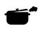 Silhouette pan with ajar lid and steam. Outline icon of cooking hot dishes. Black illustration for soup, roast, porridge, pasta.