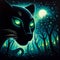 A silhouette of panther againts moonlit jungle, with glowing eyes like emerald embers, animal art, nature view, a painting