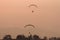 Silhouette of the Paramotor gliding and flying In the air through soft sunlight sky