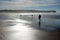 Silhouette of people with dogs walking on beach at dusk with reflecting light