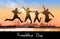 Silhouette People Group Jumping Over City Background Friendship Day Banner