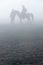 Silhouette of people and horses in fog or mist