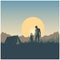 Silhouette of people, mountains, hills and forest on the sun and sky background. Wanderlust and camping. Concept adventure landsca