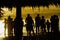 Silhouette of people standing on the beach at sunset behind a palapa