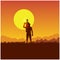 Silhouette of people on the sun background. Father and son camping. Spring family picnic trip. Summer travel with a child. Nature,