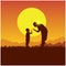 Silhouette of people on the sun background. Spring family picnic trip. Father and son camping. Summer travel with a child. Nature,