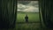 Silhouette of person behind green curtain looking out of stormy grassy landscape