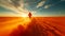 Silhouette of a person running on the road in the desert at sunset.