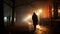 silhouette of a person walking down a foggy street at night