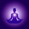 Silhouette of Person in yoga lotus asana on dark blue purple starry background with light