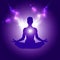 Silhouette of Person in yoga lotus asana on dark blue purple starry background with light or lightning bolts