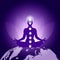 Silhouette of Person in yoga lotus asana sitting on planet Earth on dark blue purple background with lotus flower, seven chakras