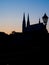 Silhouette of the Peter and Paul church of Goerlitz, Saxony, Germany, at backlight and Blue hour