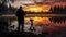 Silhouette of photographer on reflective lake at sunset