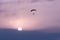 Silhouette of a pilot flying at sunrise on a motorized parachute at a hot air balloon festival