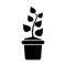Silhouette plant in flower pot. Outline icon of planting, gardening tool. Black illustration of curved sprout or sprig with leaves
