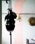 Silhouette of a plant in macrame hanging in the house.