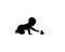 A silhouette of playing baby with toy on white background. Toddler crawling on the floor. A small child stretches his hand to toy