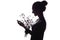 Silhouette portrait of a beautiful girl with a bouquet of dry dandelions, the face profile of a dreamy young woman on a white