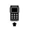 Silhouette POS credit card terminal. Outline payment machine with arrow pointer. Black illustration of wireless reader with