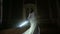 Silhouette of pretty joyful bride playing with lightsaber. Wedding in Star Wars style