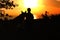 Silhouette profile of German Shepherd dog obediently sitting nearby his owner man, boy walking on nature with pet at sunset in a