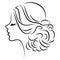 Silhouette of a profile of a sweet lady`s head. The girl shows a female hairstyle on medium and long hair. Suitable for logo,