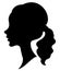 Silhouette of a profile of a sweet lady`s head. A girl shows a female tail-hairstyle on long and medium hair. Suitable for logo,